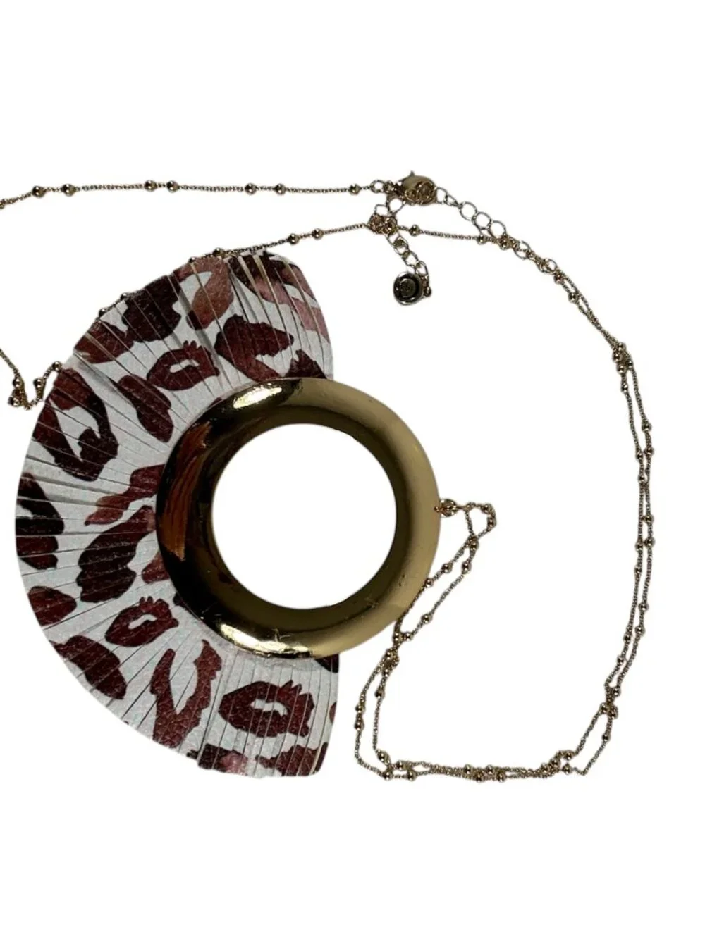 1946 Statement Pendant Necklace Gold Tone Leopard Print Fan Tassel Long Chain